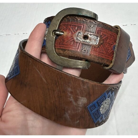 Western Saddle Leather Belt 32 Hand Painted Tooled Embossed Aztec Brass Buckle - Picture 5 of 14